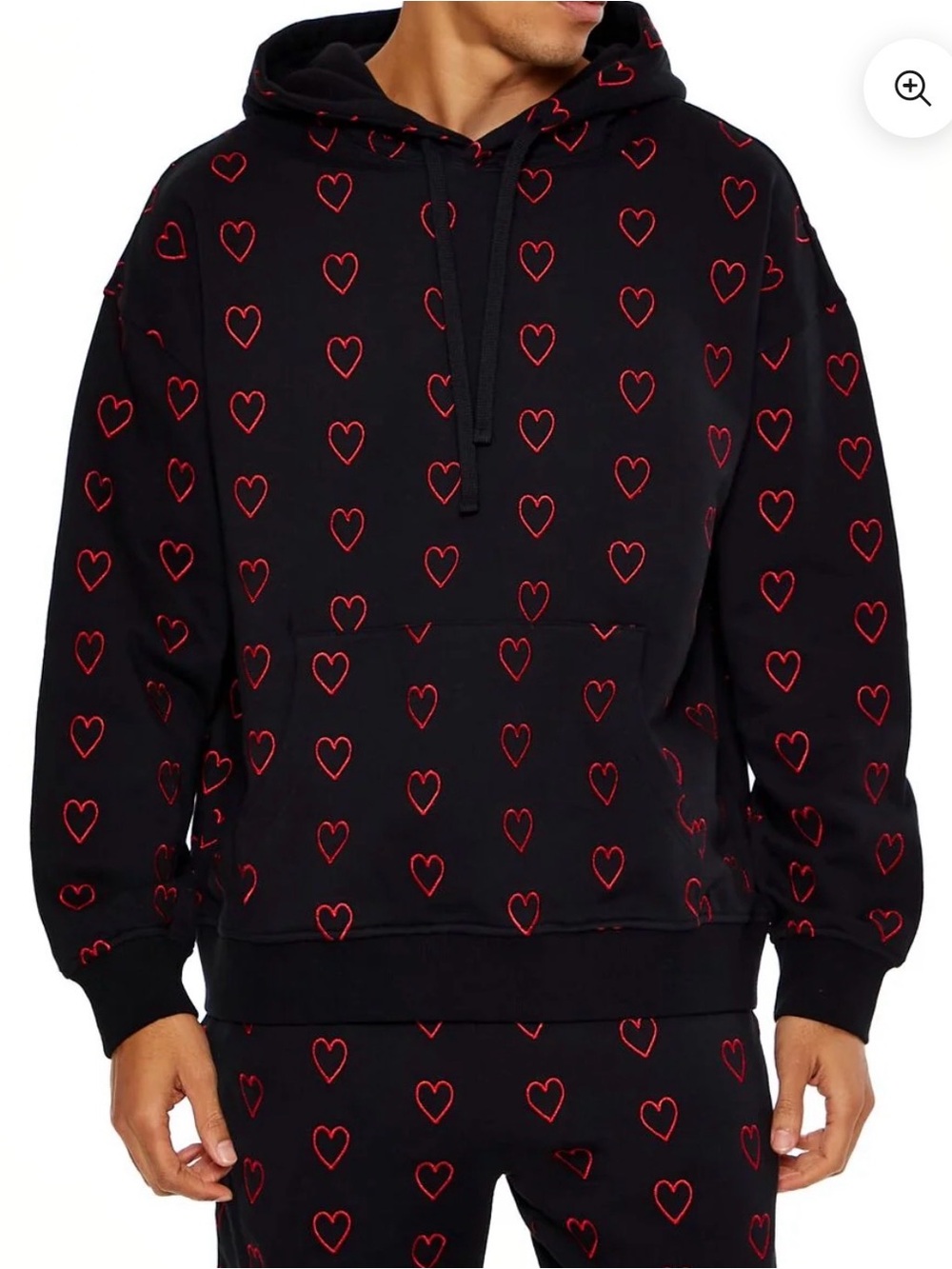 Forever 21 Men Black Embroidered Red Heart Boxy Hoodie Sweatshirt No Size Tag
